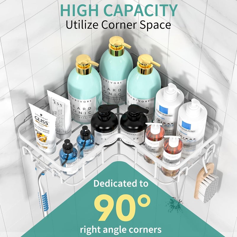 Moforoco Corner Adhesive Shower Caddy, with Soap Holder and 12 Hooks, Rustproof Stainless Steel Bathroom Organizer, No Drilling Wall Mounted Rack, Black, 3-Pack(White) - Image 2